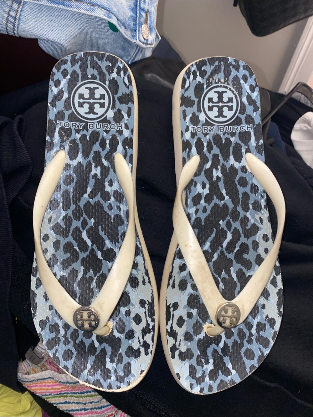 Tory Burch Light Blue Leopard-Print Flip Flop Sandals with Cream Straps